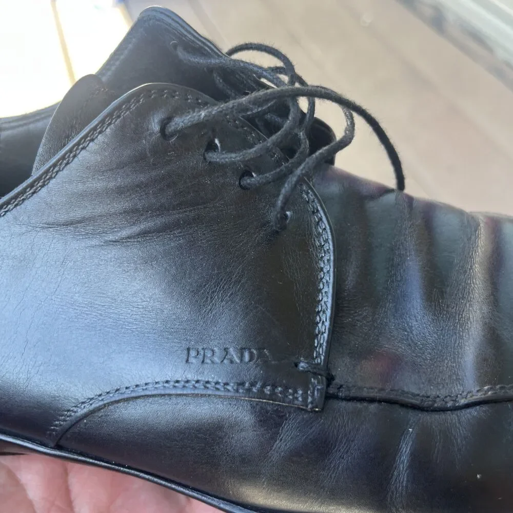 PRADA Men's Leather Derby Oxford Shoes Square Toe Lace-Up Logo Black Size 7.5